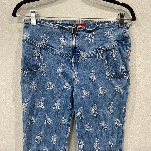 Vintage Flare Denim Midrise Jeans with Allover Embroidery Print Blue Medium Wash - Picture 3 of 7
